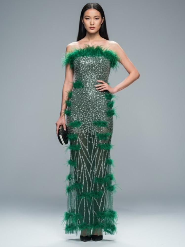 Vestido de gala con lentejuelas y plumas esmeraldas THE BRONX ZOO