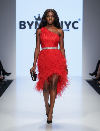 Mini vestido asimetrico de plumas rojo BYMANYC ® New York